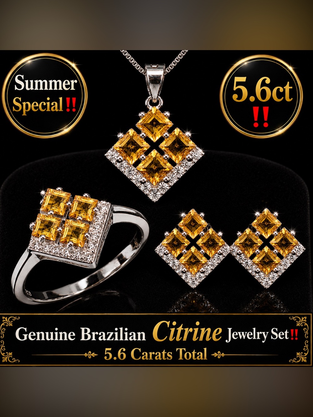 Citrine Topaz Set‼️   14k over Sterling.  Ring sz-7 , Earrings, Pendant & Chain